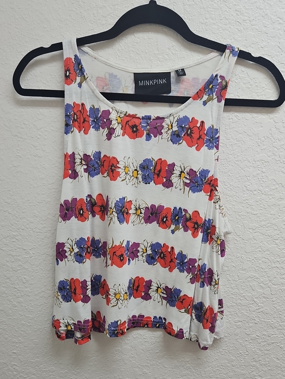 MINKPINK White Floral Stripe Tank Top with Red, Purple, Blue Flowers